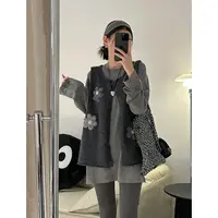 秋冬长袖圆领宽松型T恤打底+秋季提花针织无袖马甲背心C 9489#