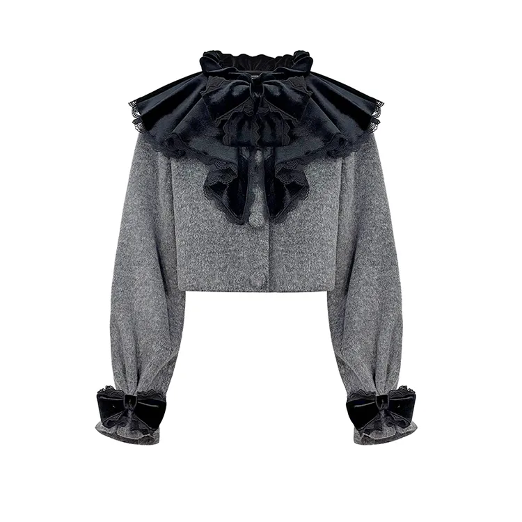 姜穹JIANGQIONG荷叶边领蝴蝶结蕾丝花边饰毛呢短外套