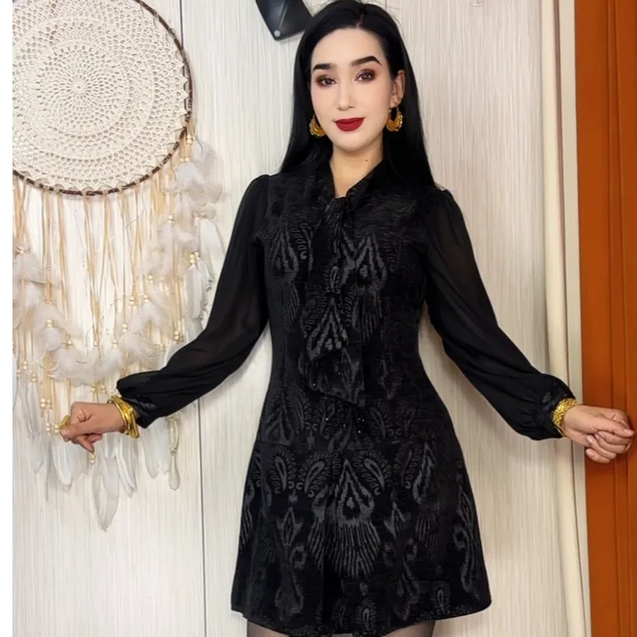 40短裙摆拼接长袖不褪色长裙连衣裙流苏提花修身设计师