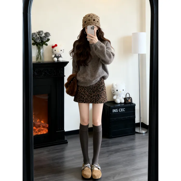 INS CEC韩系新款慵懒风复古针织上女搭豹纹半身裙子秋冬时尚套装