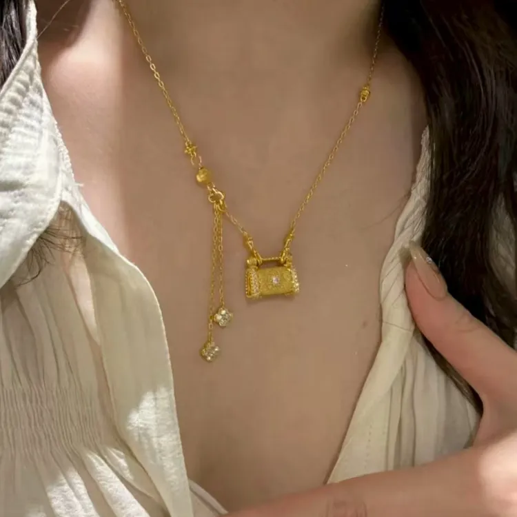 合金项链 重工金色拉丝锁包项链新中式轻奢国风锁骨链女