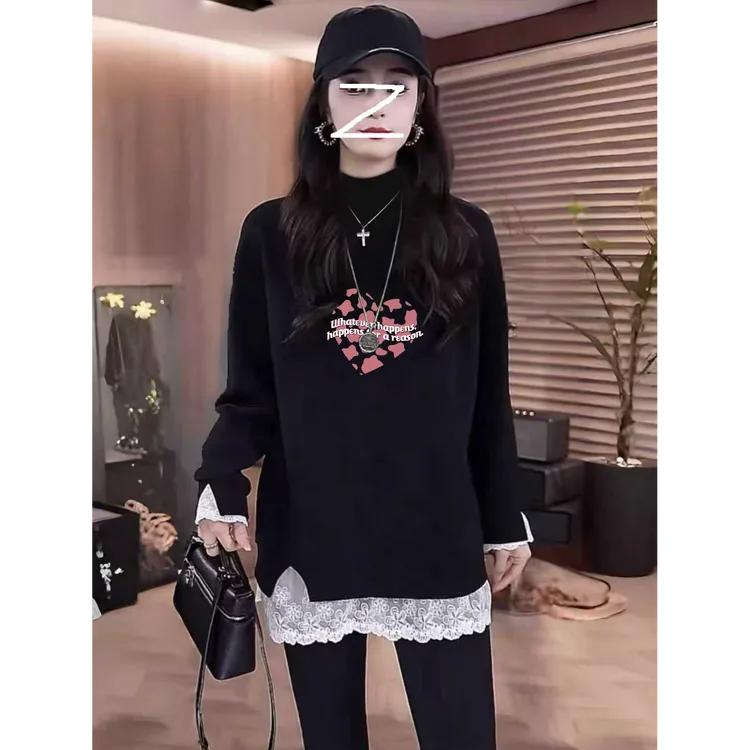 中长款遮屁股2025新款半高领打底衫蕾丝宽松内搭纯色长袖上衣t恤