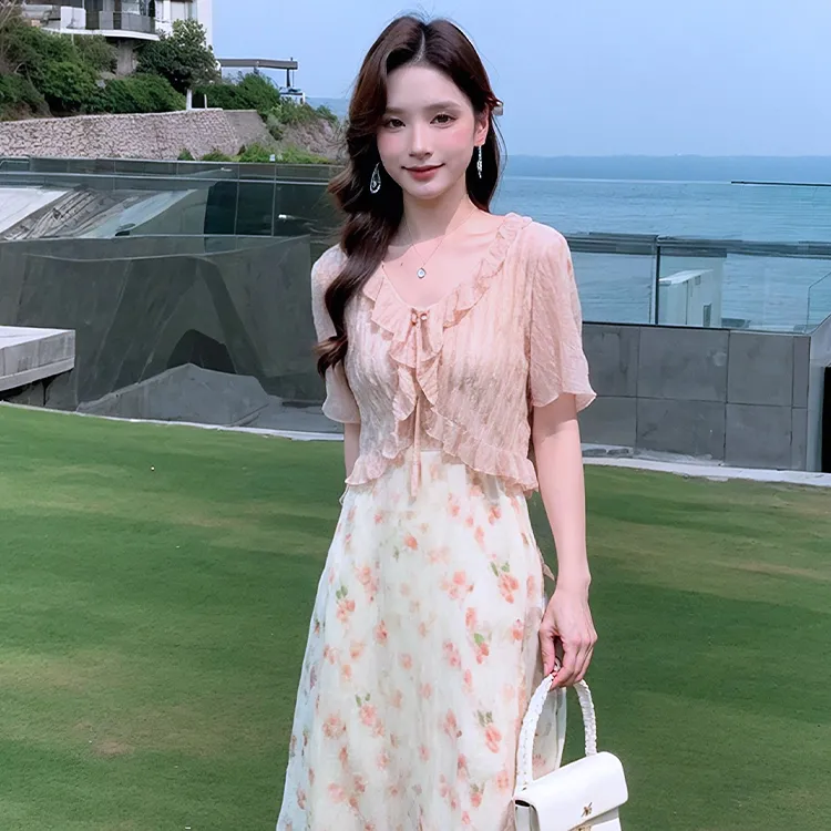 奢姿大码女装2025夏季时尚花边碎花套装胖妹妹小香风V领两件套装