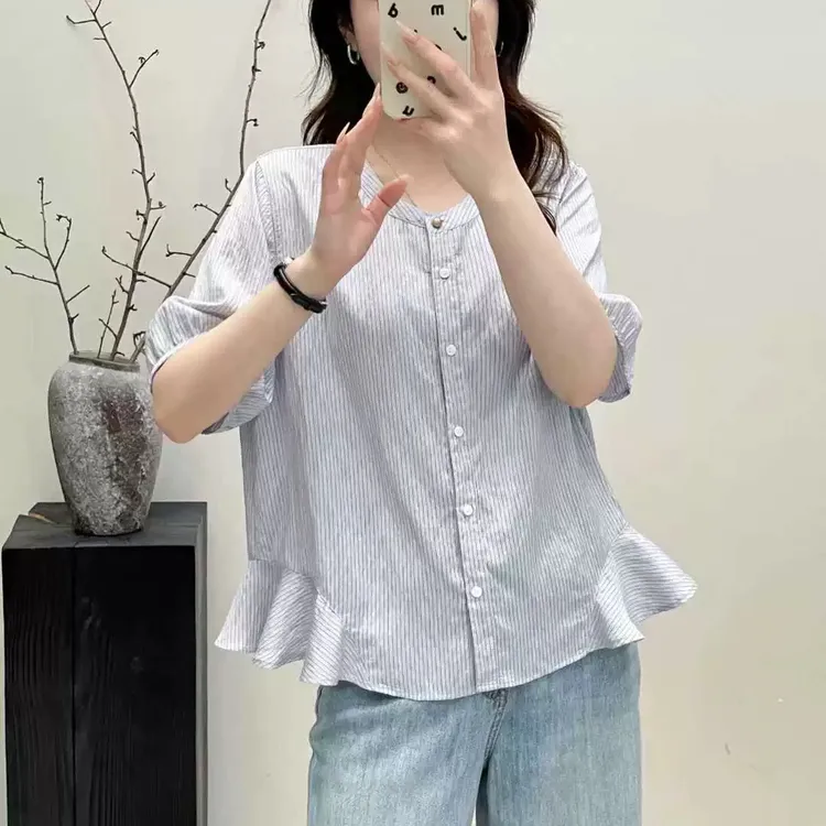 清货「设计感 荷叶边」显瘦竖条纹衬衫 夏季薄款休闲法式小衫S091