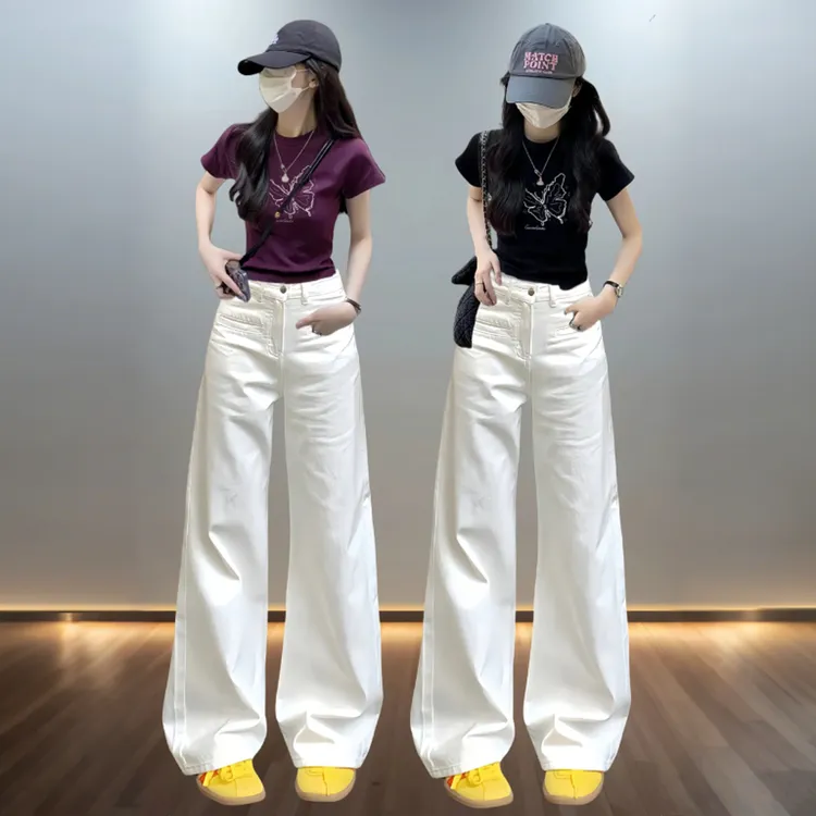 白色阔腿牛仔裤女秋季新款2025高腰裤子女阔腿慵懒拖地直筒裤