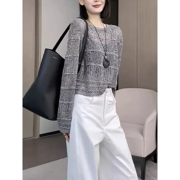 2025早秋新款高级感洋气独特别致超好看灰色镂空上衣女短款针织衫