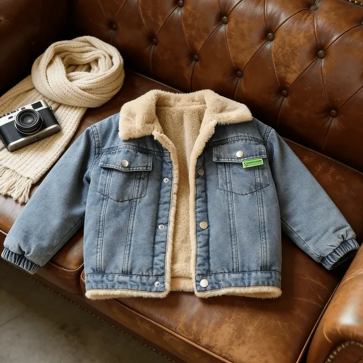 宝宝秋冬加绒牛仔衣毛绒领舒适款潮流装饰标儿童日常百搭保暖外套