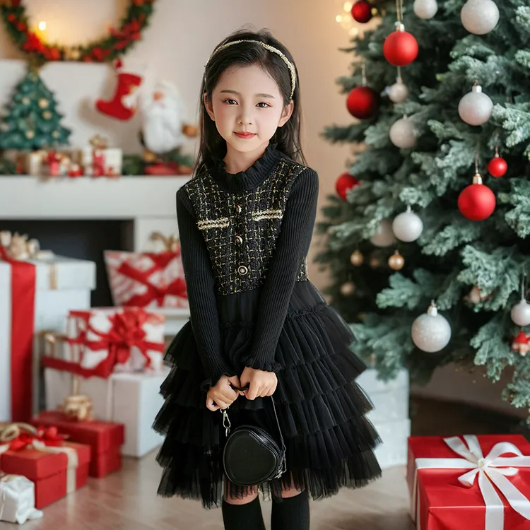 女童黑色连衣裙秋冬新款小香风毛衣纱裙女孩蛋糕公主裙新年拜年服
