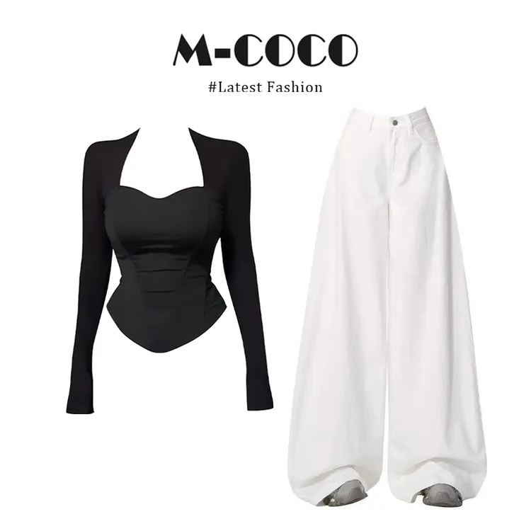 韩系黑色鱼骨坎肩长袖辣妹上衣2025新款白色阔腿裤套装