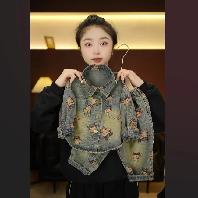 2025儿童春季新款哪吒卡通软牛仔外套软牛仔裤男童女童休闲套装