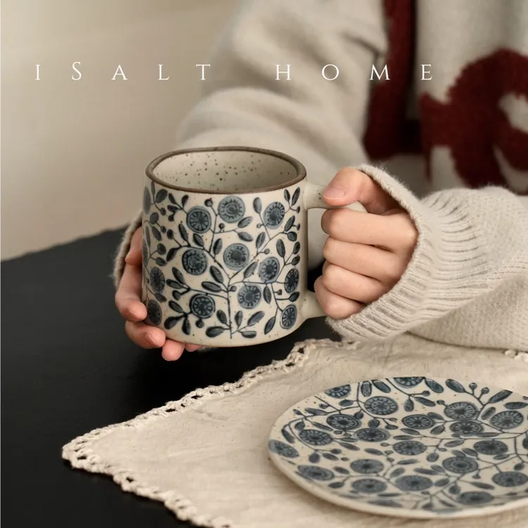 手绘金盏花马克杯.粗陶青花水杯大容量牛奶杯复古杯创意/出丹麦