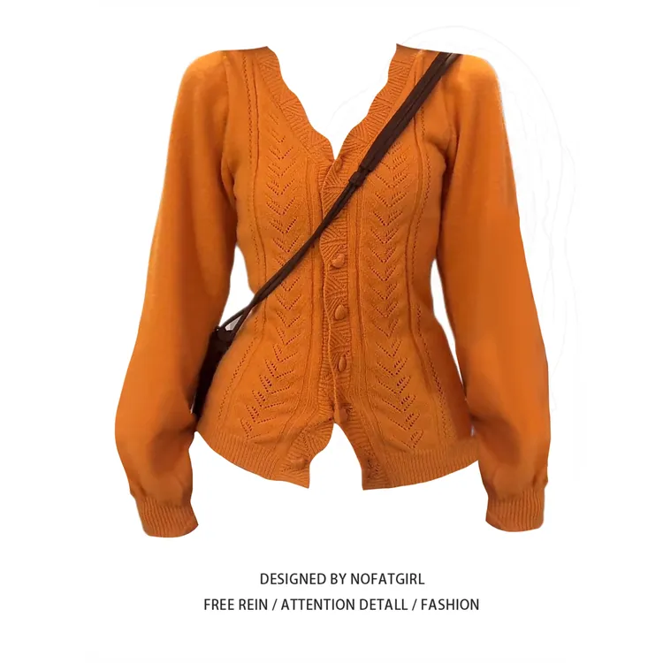 大码胖妹妹法式钩花设计感v领橘色毛衣早秋新款修身显瘦长袖上衣