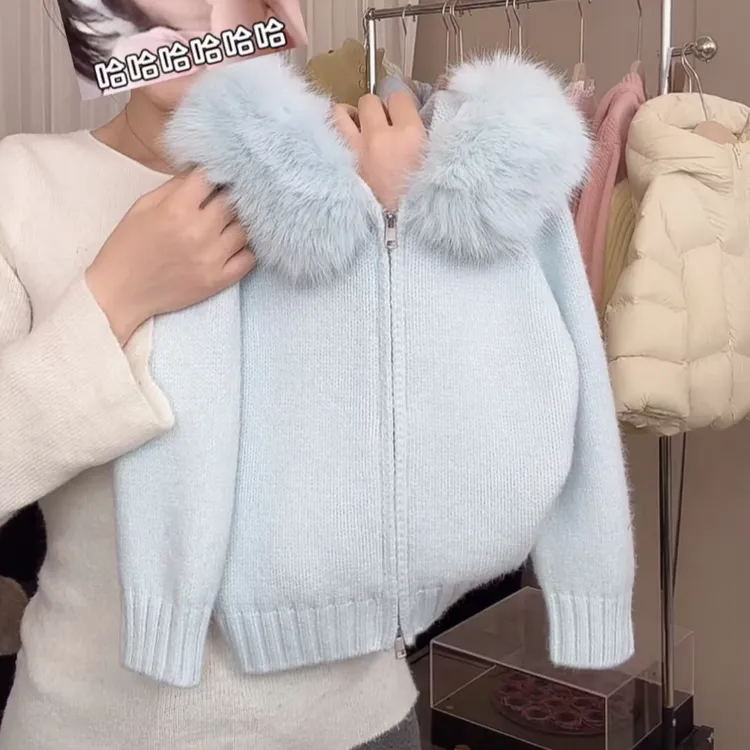 女童冬季新款连帽针织衫女宝宝加厚保暖拉链针织毛衣