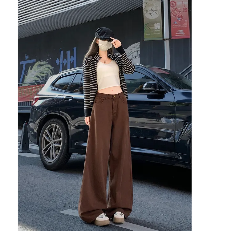 大码美拉德复古咖色松弛感阔腿2025冬季爆款宽松显瘦直筒牛仔裤女