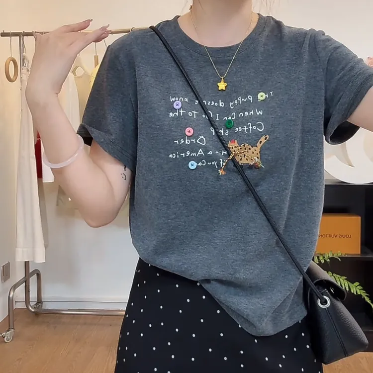 2025夏季新款设计感韩版正肩斑点猫短袖T恤女ins舒适气质百搭上衣