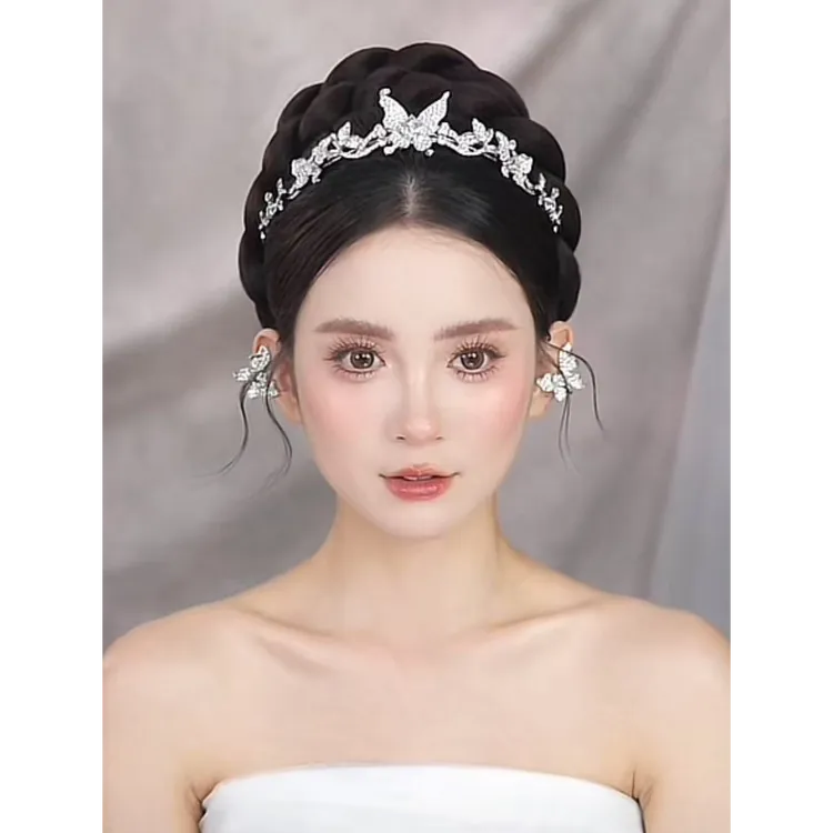 合金婚庆饰品 2025新款蝴蝶精致新娘皇冠套装含耳饰AA32