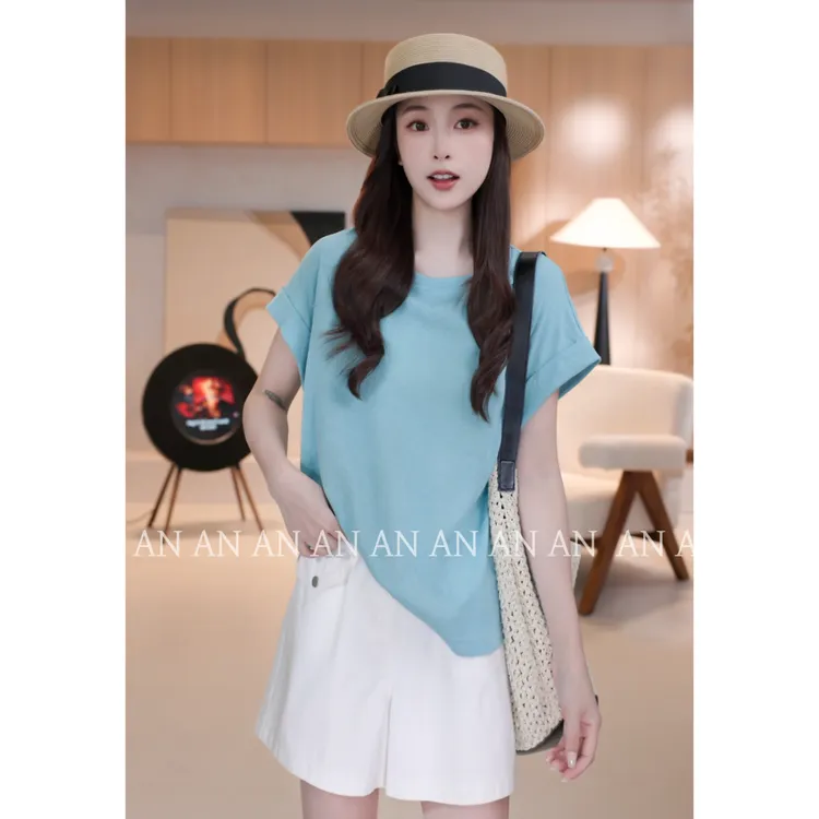 C05181简约宽松INS风慵懒显瘦百搭圆领纯色卷边袖T恤