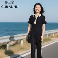 W266纯色翻领休闲风宽松型夏季洋气时尚黑色套装
