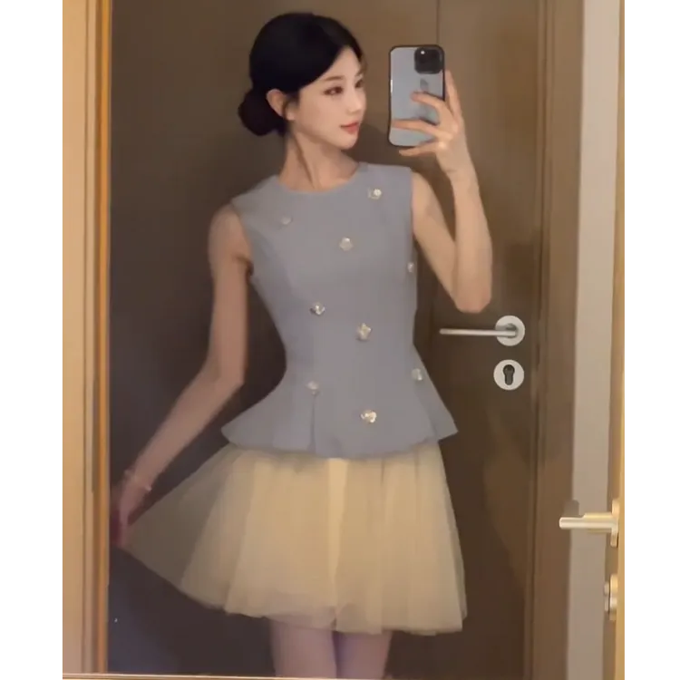 夏天绝美漂亮小套装富家小千金蓝色无袖收腰上衣网纱半身裙两件套