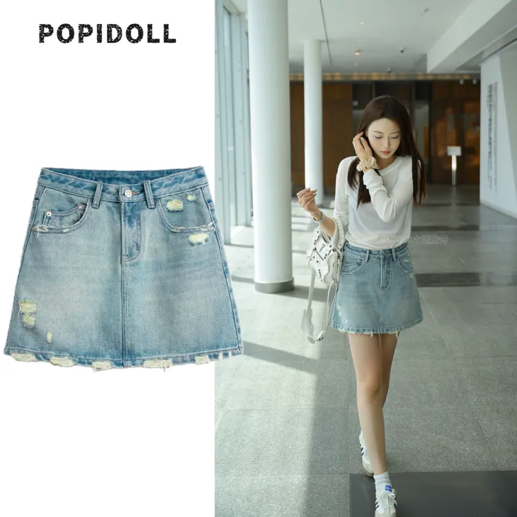 POP.出片主义-手工勾纱高级洗水时髦春夏牛仔a版短裙1970中裤女夏