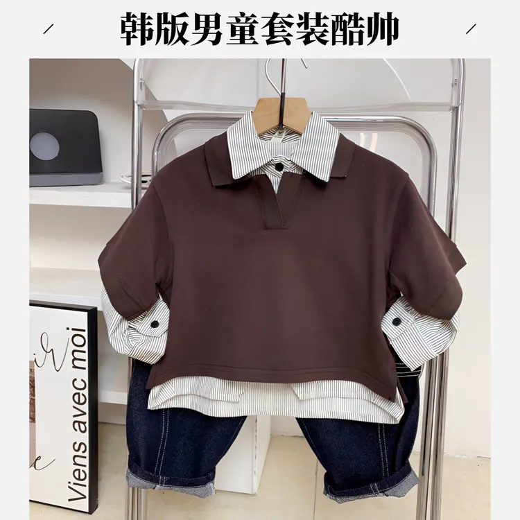 儿童潮帅个性套装男童春秋款韩系帅气马甲长袖衬衫牛仔裤三件套酷