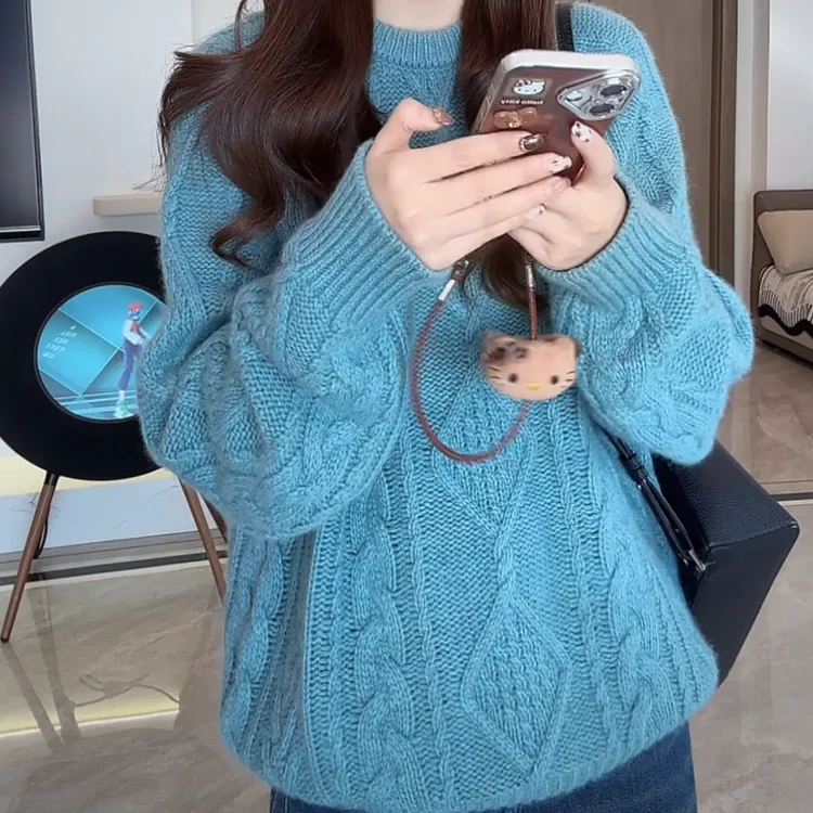 温柔感套头气质圆领菱格麻花毛衣冬季新款时尚韩版减龄宽松针织衫