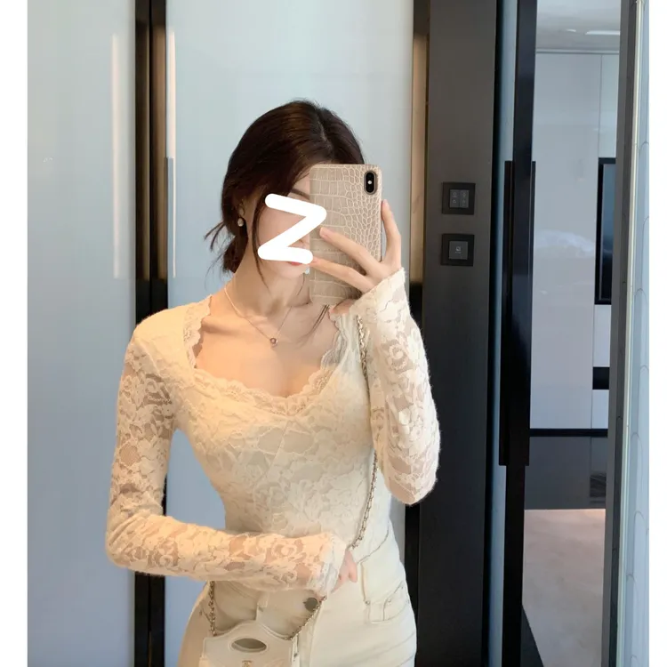 纯欲姐姐蕾丝方领长袖 加绒锁温修身显瘦 洋气不撞衫纯欲打底衫女