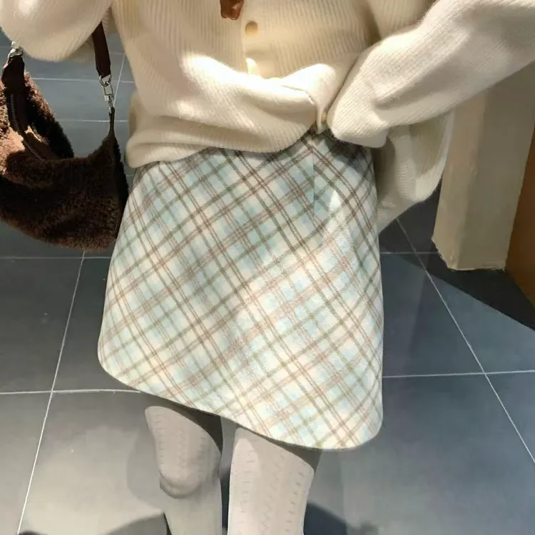 【芝士Cheese】摩登律动 磨毛格纹冰淇淋配色秋冬毛呢面料半身裙