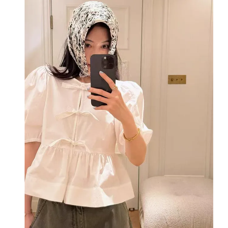 自制法式蝴蝶结系带白色短袖衬衫女镂空绑带泡泡袖减龄小个子上衣