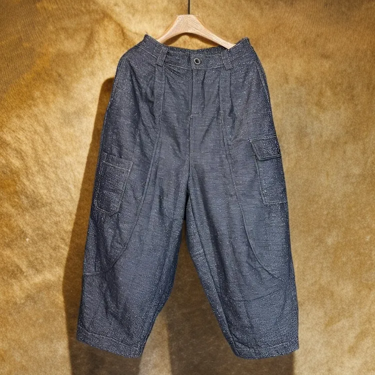 忆古朴拙色织点子纱多拼款复古时尚休闲百搭加厚棉裤