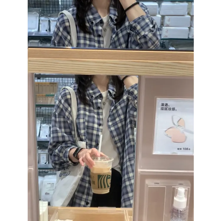 韩系蓝色格子长袖衬衫女2025早秋新款慵懒宽松休闲纯棉衬衣外套
