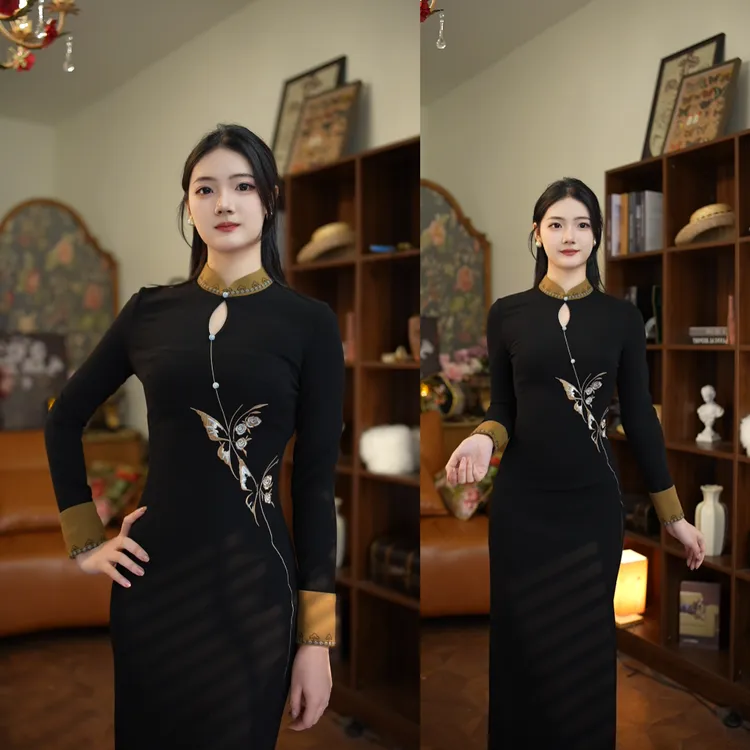 【尔尔古典美学】复古新中式刺绣旗袍【金蝶】秋冬修身中国风