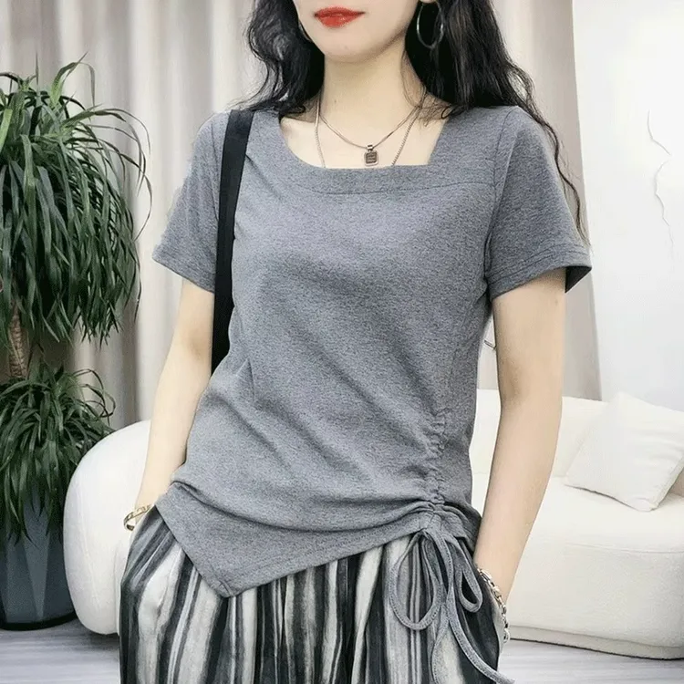 棉质不规则抽绳短袖T恤女2025夏季新款设计感时尚百搭上衣体恤衫