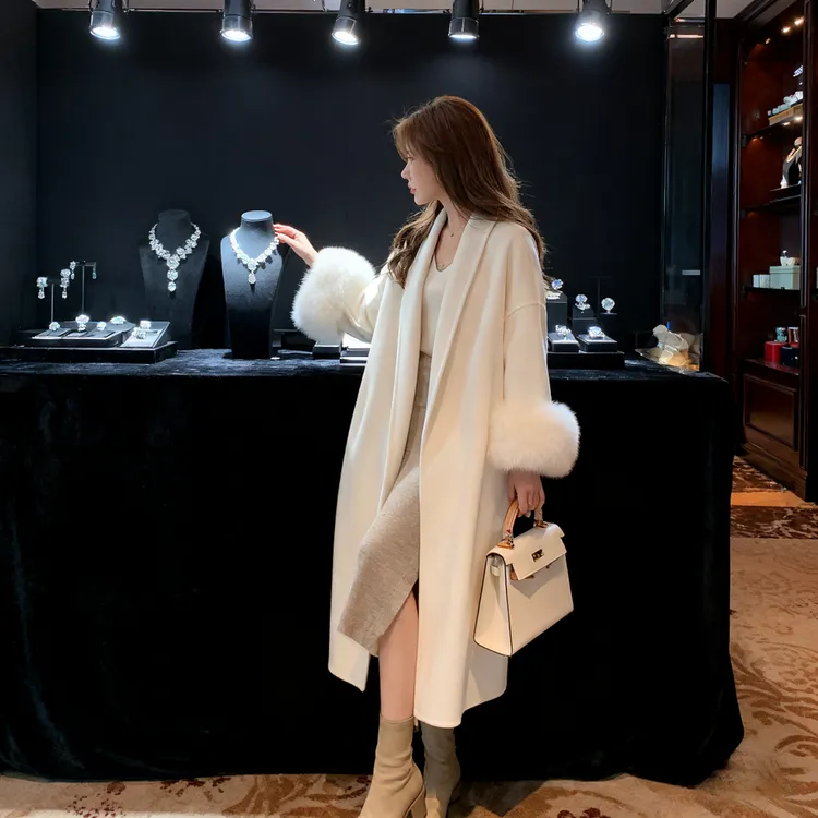 100%羊毛高级狐狸毛爆款长款时尚双面大衣秋冬季新款毛呢外套女装