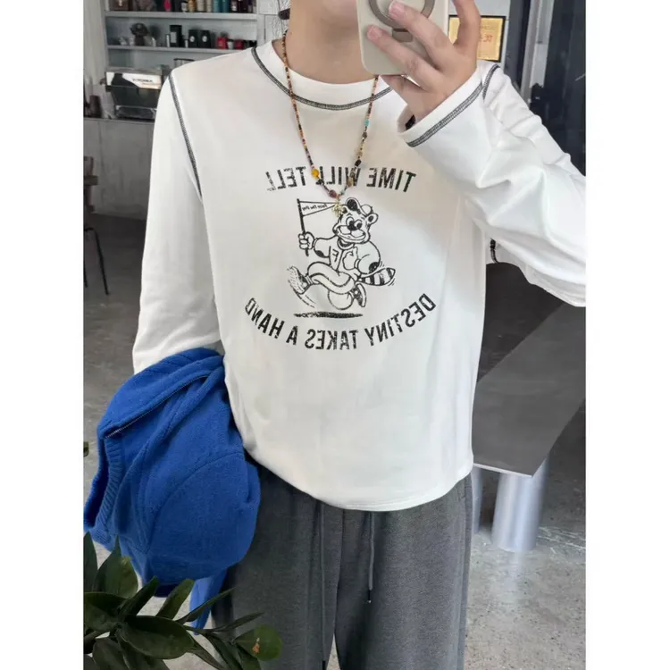 晶咕佳佳【顽皮熊】明线可爱印花圆领长袖打底时尚休闲百搭宽松