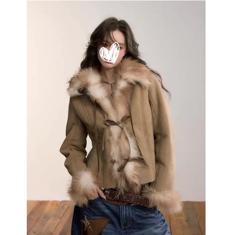 计感重磅蝴蝶结绑带仿皮毛一体外套女装秋冬大毛领上衣