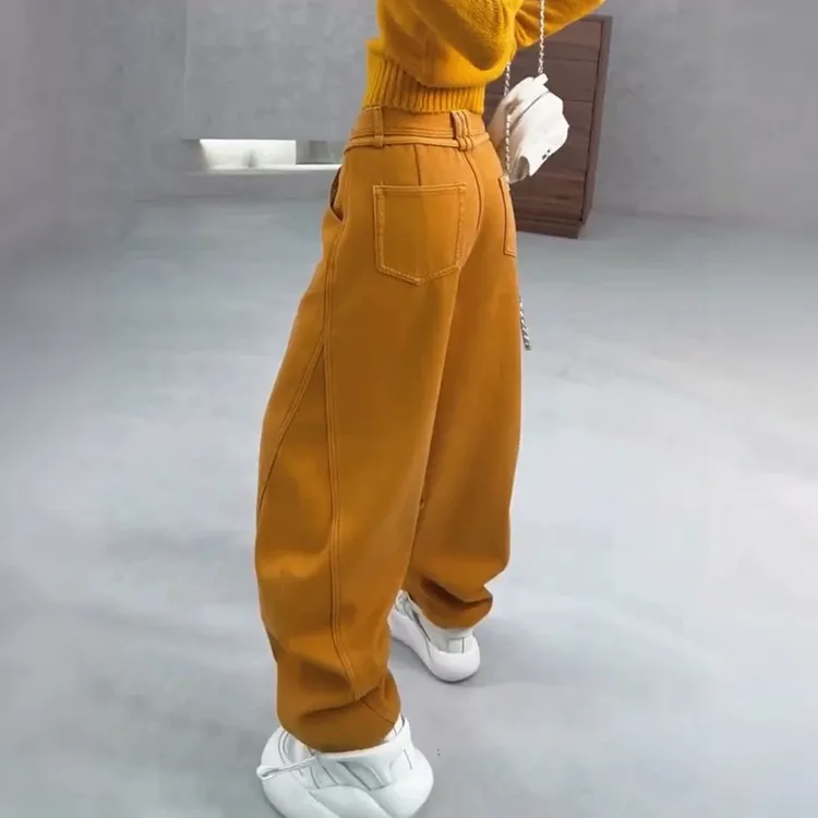 加绒加厚高街弯刀牛仔裤女冬季大码胖mm时尚高腰宽松阔腿裤香蕉裤