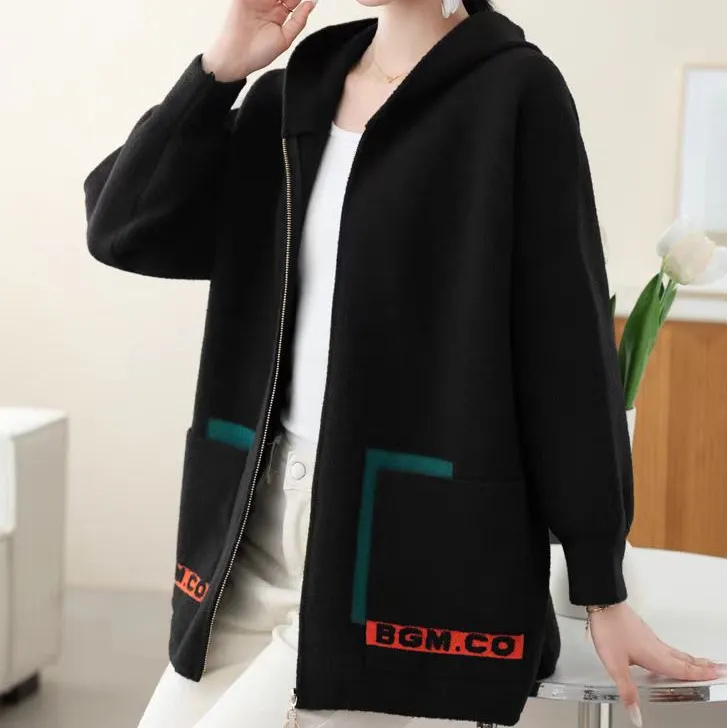 黑色连帽外套女春秋冬季宽松遮肚子上衣时髦洋气妈妈毛呢开衫大码