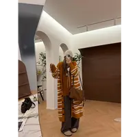 【瘦瘦】大码羊驼毛条纹撞色连帽氛围感百搭长款开衫毛衣S02064