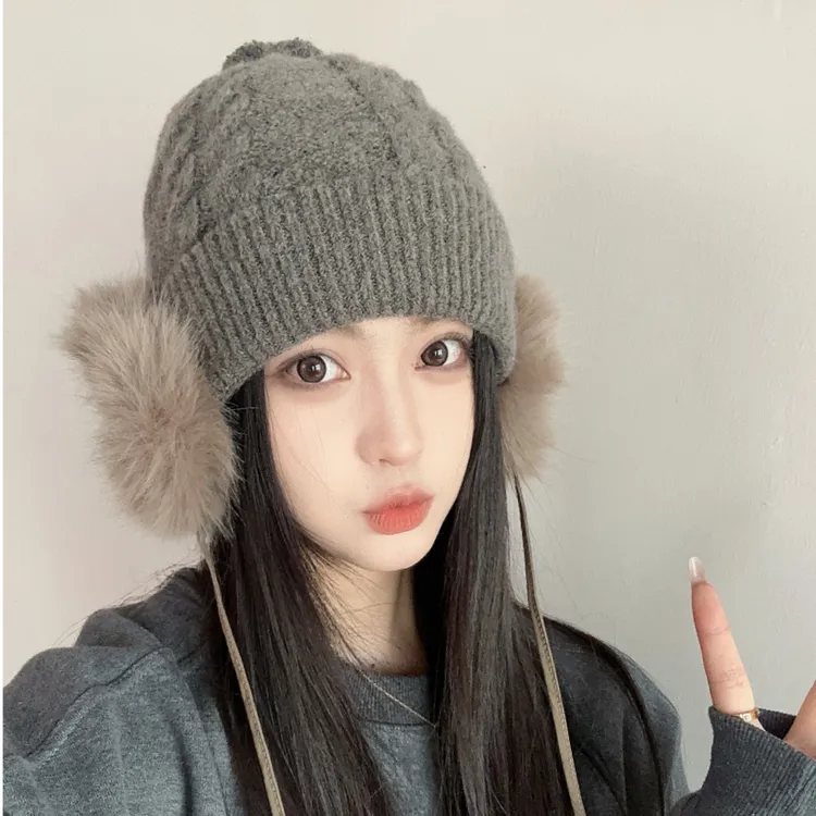 韩国代购东大门冬季新款韩系八字麻花毛球针织帽女系带加厚毛线帽