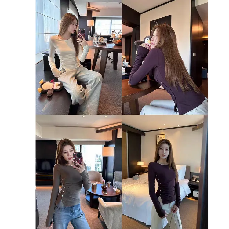 【贝壳扣小蛮腰】韩版秋冬款显瘦气质圆领长袖打底上衣女潮流