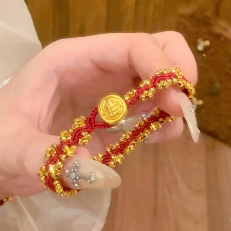 铜合金手链 新中式蹦迪珠蕾丝波浪黄财神红绳手链女独特轻奢首饰