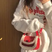 2025新款秋冬韩版红色毛毛包百搭羊羔毛少女手提小方包单肩斜挎包