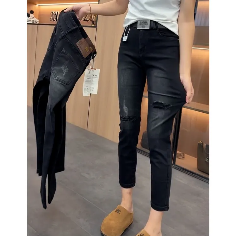 秋季新款大码黑灰假破洞直筒牛仔裤女胖mm修身弹力显瘦九分烟管裤