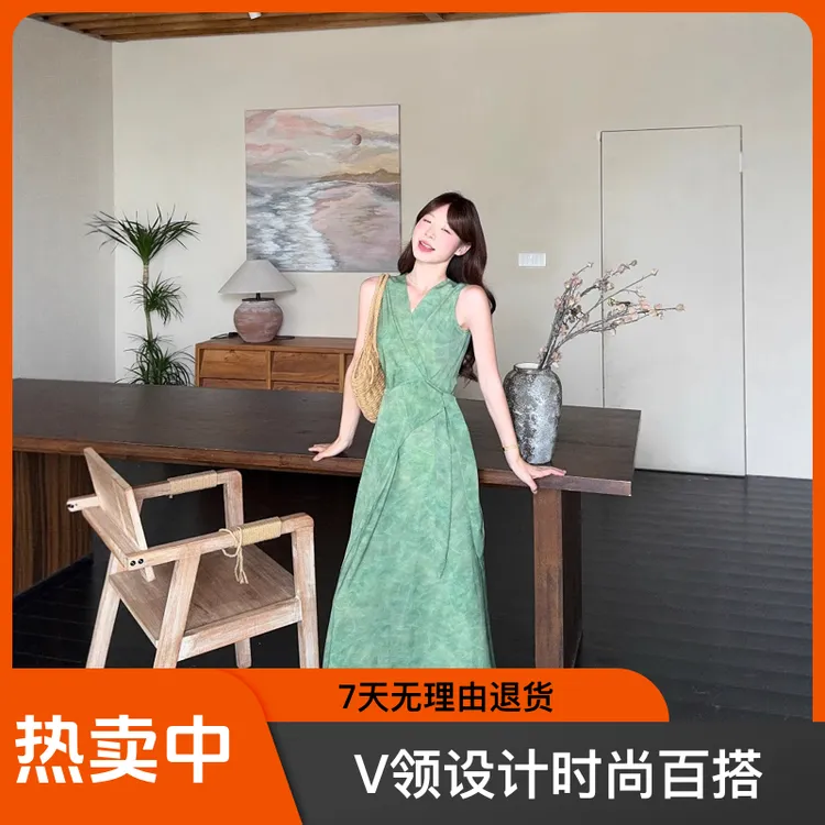 实拍 2025夏季新款韩板韩系法式V领设计感系带收腰气质连衣裙长裙