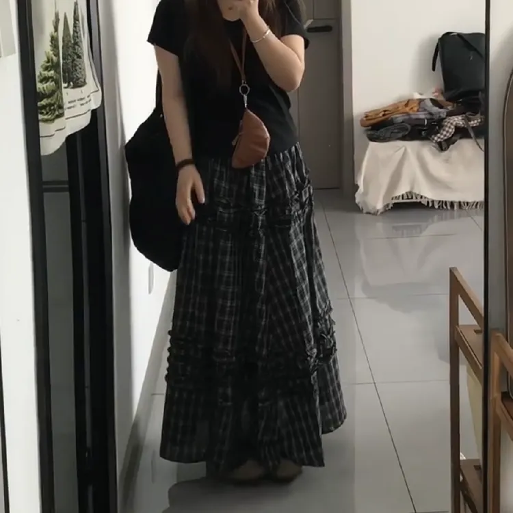 花边拼接复古黑白格子半身长裙女秋季大码胖mm显瘦蛋糕a字大摆裙