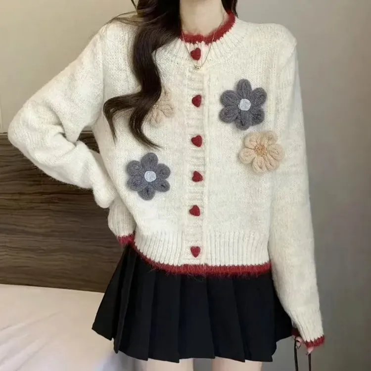 小个子花朵2025春秋季气质洋气短款提花针织开衫新款毛衣高级外套