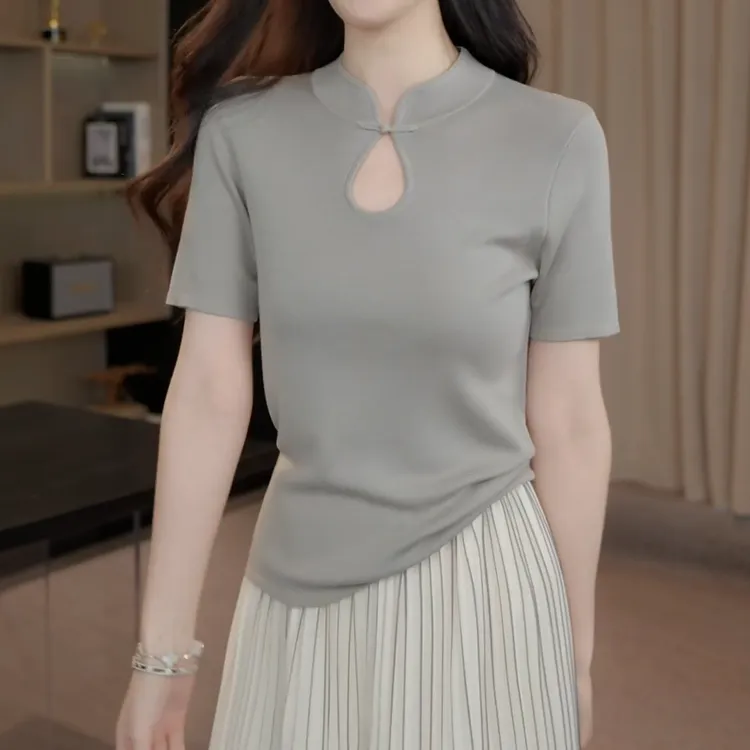 新中式设计感镂空立领纯色短袖针织衫2025夏天正肩气质新款上衣