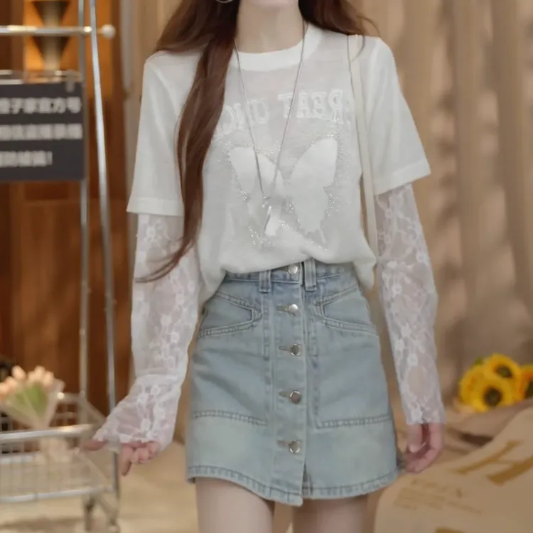 夏季新款蝴蝶长袖假两件拼接T恤+百搭显瘦牛仔裤裙LK2504752