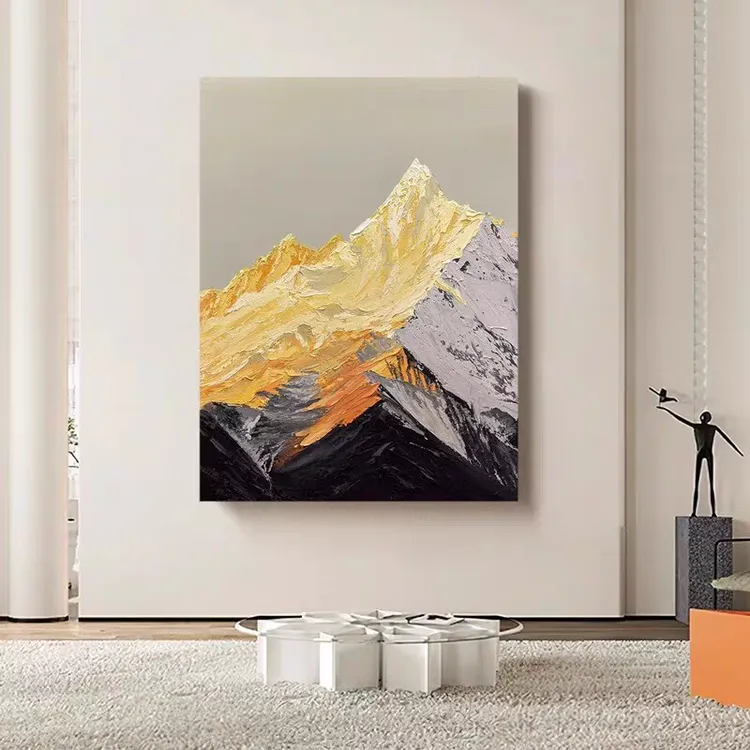 纯手绘油画日照金山现代轻奢风玄关客厅沙发背景墙现代装饰画